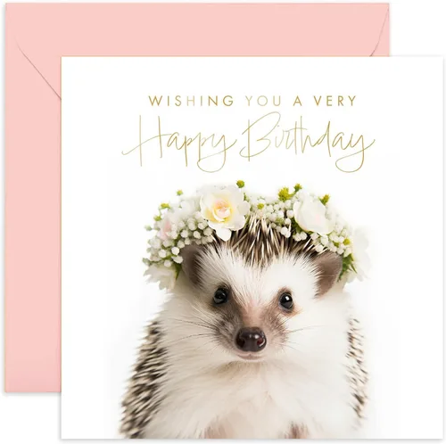 Old English Co. - Tarjeta de felicitación de cumpleaños con diseño de erizo, bonita tarjeta de felicitación de cumpleaños floral de animales para
