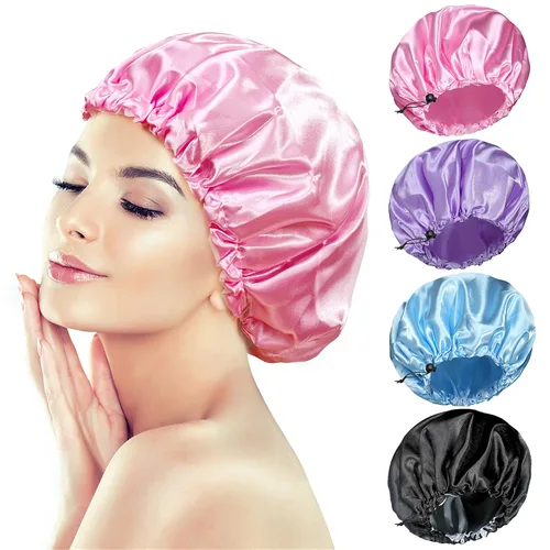 Miniatura 16 de Gorros de ducha para mujer, extra grande, ajustable, impermeable, reutilizable, gorro de ducha para mujeres y niñas, cabello largo y grueso, gorros