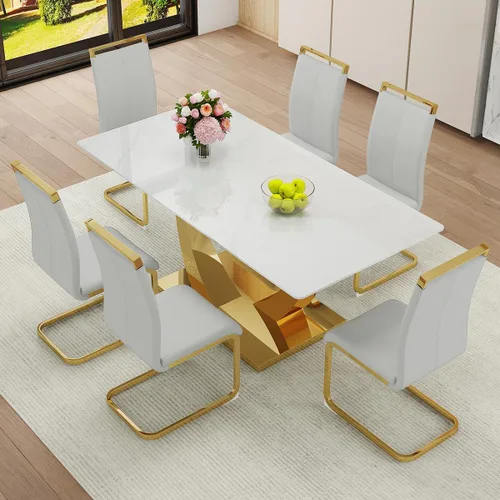 Miniatura 28 de Juego de Mesa de Comedor Negra para 6, Mesa de Comedor de Mármol Falso de 71" para 6, Juego de Mesa de Cocina Rectangular con Sillas de Cuero PU