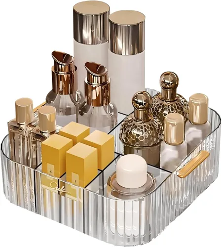 Miniatura 8 de DASITON Organizador de maquillaje acrílico, soporte para brochas de maquillaje con 9 ranuras, almacenamiento de maquillaje con asa, organizador