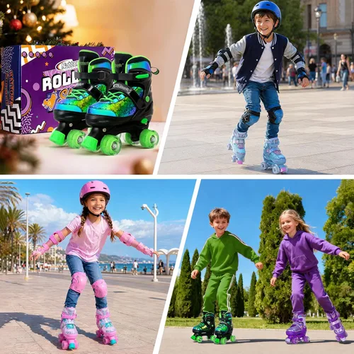 Miniatura 6 de Nattork Patines de ruedas para niños y niñas, 4 tamaños ajustables, patines cuádruples con lentejuelas y todas las ruedas iluminadas para niños