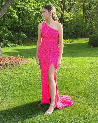 Miniatura 2 de Rjer One Shoulder Prom Dresses 2023 Sequin Formal Dresses Long Evening Gowns Slit Wedding Party Dresses