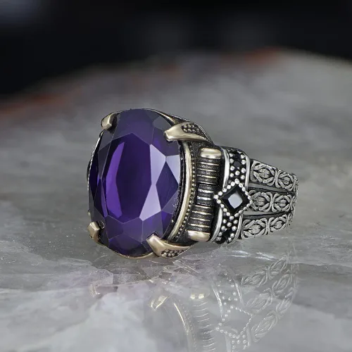 Miniatura 4 de Anillo de plata de ley 925 con diseño de cadena bizantina con piedra de amatista para hombre, hecho a mano para hombre, anillo de piedra amatista