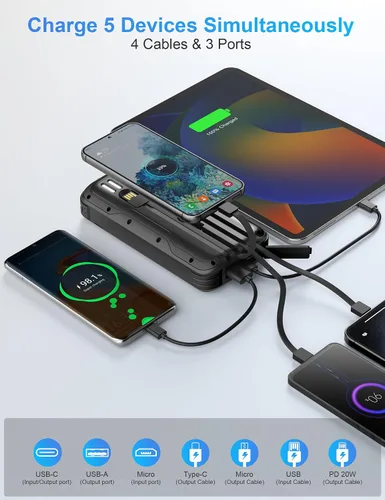 Miniatura 2 de Cargador Solar Power Bank, PD 20W Carga Rápida Batería Externa, 40000mAh Cargador de Teléfono Portátil con 4 Cables Integrados con Linternas