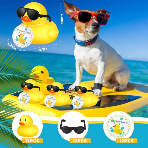 Miniatura 2 de Chivao 12 piezas de patitos de goma mini con anteojos de sol/ gafas y sombreros/ collar, patitos de goma para crucero a granel, regalo de San