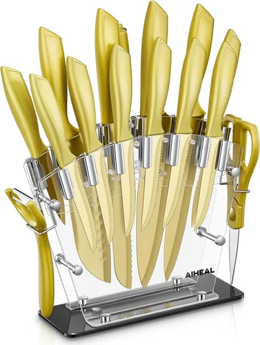 Aiheal Juego de cuchillos de cocina, 16 piezas de acero inoxidable de alto carbono de color dorado, hoja con revestimiento de titanio, cuchillería