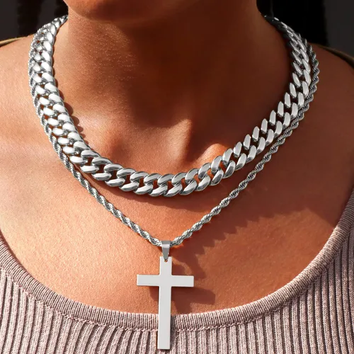 Miniatura 3 de 2 collares de cruz para hombres y mujeres, cadena de eslabones cubanos de plata dorada y negra para hombres, cadena de cuerda en capas, collar