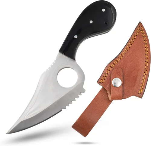 Miniatura 8 de Cuchillo desollador de hoja fija hecho a mano, 7.25 pulgadas en total, 4.25 pulgadas de acero inoxidable media hoja dentada, mango de resina, con bp