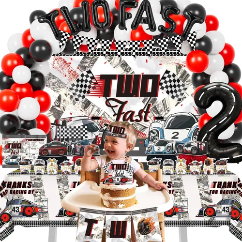 Miniatura 6 de Dos decoraciones de cumpleaños rápidas para niños, 153 piezas de suministros de fiesta de cumpleaños de coche de carreras, telón de fondo, adornos