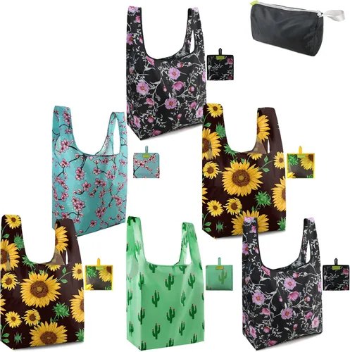 Miniatura 42 de BeeGreen 12 paquetes de bolsas reutilizables de flores, bolsas reutilizables extragrandes de 50 libras, lindo diseño floral, bolsas plegables