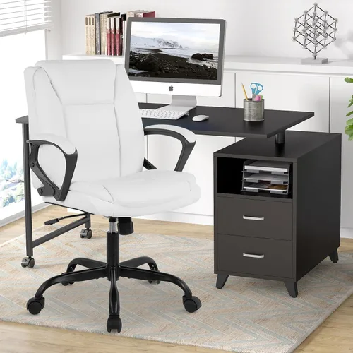 Miniatura 2 de Silla ergonómica de piel sintética con respaldo medio y soporte lumbar, reposabrazos, giratorio giratorio, ajustable para adultos (blanco)
