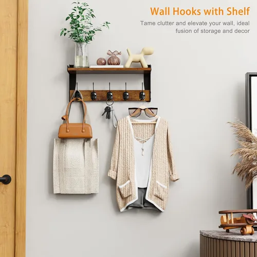 Miniatura 2 de Ganchos de pared con estante, perchero de madera con estante montado en la pared, estantes colgantes de entrada con 5 ganchos de metal para ropa