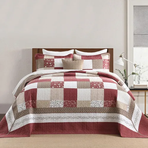 Miniatura 11 de Juego de edredón de cama King de 100% algodón de 120x120, juego de edredón extra grande, cubrecama extra grande de estilo granja, patrón de cuadros