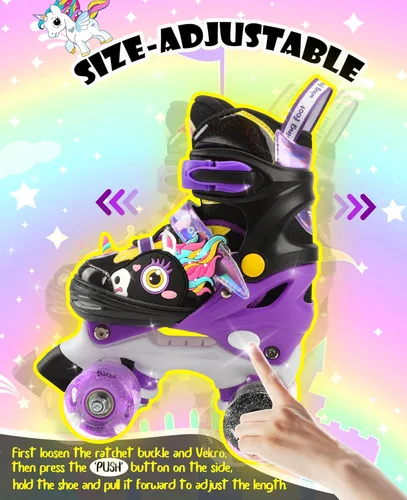 Miniatura 6 de Dino - Patines de ruedas para niños y niñas, WESKIFAN Dinosaur Quad Skating Shoes con ruedas brillantes y tamaños ajustables para principiantes