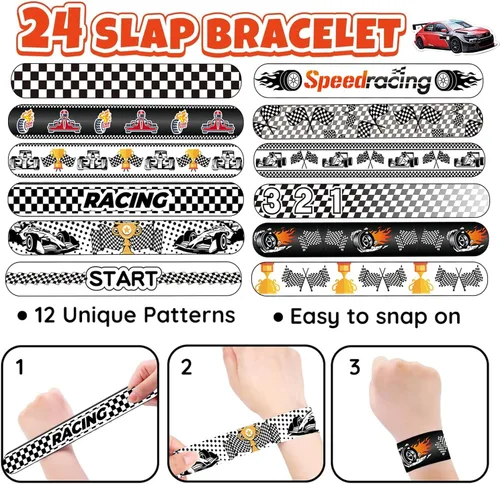 Miniatura 3 de Juego de 74 piezas de recuerdos de fiesta de autos de carreras, 24 pulseras de carreras, 50 calcomanías de autos de carreras, pulseras y paquete