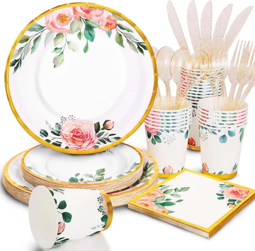 Miniatura 14 de Decoraciones de Ducha Nupcial en Oro Rosa, 168 Piezas de Platos y Servilletas para Despedida de Soltera, Platos de Papel Florales para 24, El Amor