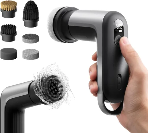 HOTO Grip™ - Limpiador giratorio eléctrico inalámbrico, IPX7 impermeable, ligero de 0.65 libras con 6 cabezales de cepillo, potente limpiador de