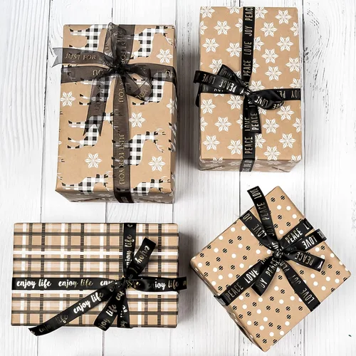 Miniatura 3 de RUSPEPA - Papel para envolver regalos de Navidad, papel kraft – diseños de ciervos, copos de nieve y cuadros – 4 rollos – 30 pulgadas x 10 pies por