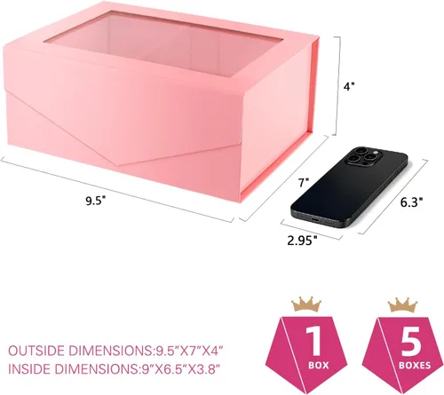 Miniatura 4 de PACKQUEEN Caja de regalo rosa con ventana, 9x6.5x3.8 pulgadas, caja de regalo transparente para regalos, contiene cinta, tarjeta, caja de regalo