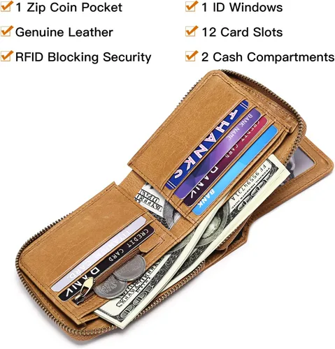 Miniatura 23 de GOIACII Cartera con cremallera para hombre, de piel auténtica, con bloqueo RFID, con cremallera, bolsillo para monedas, para identificación, con Café