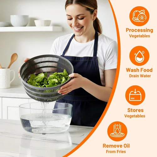 Miniatura 6 de HomeHacks Centrifugadora de Ensalada Grande, Centrifugadora de Lechuga Grande, Limpiador de Frutas Grande con Orificios de Drenaje Dobles, 5 Gris