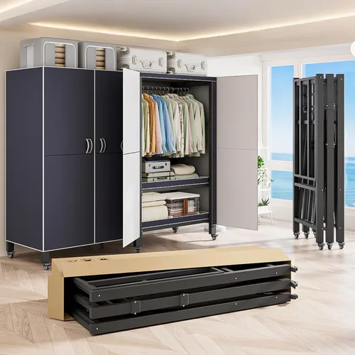 Miniatura 18 de Perchero cubierto resistente con puerta magnética, plegable, portátil, para colgar ropa, perchero de metal negro con ruedas (negro, 49.12 pulgadas)