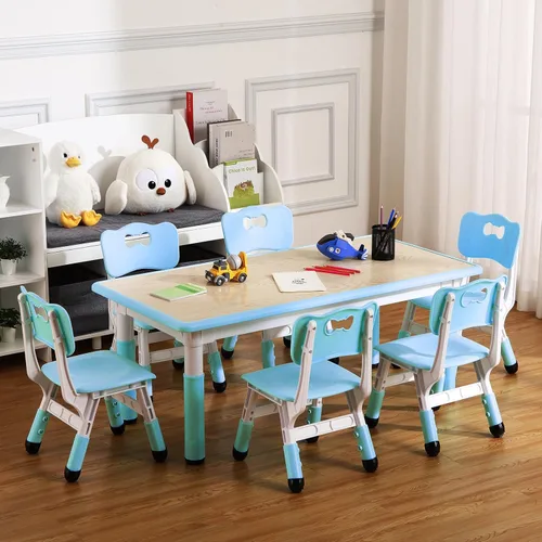 Miniatura 10 de Juego de mesa y silla para niños, altura ajustable, mesa de artes y manualidades y juego de 6 sillas para edades de 2 a 10 años, máximo 300 libras
