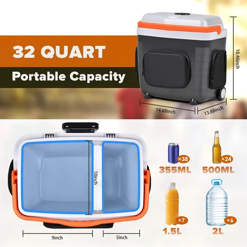 Miniatura 2 de Kikihuose Refrigerador de Coche de 12V 32 Qt (30L) Enfriador/Calentador Eléctrico con Bolsillos, Divisor de Paquete de Hielo, Tapa Extraíble