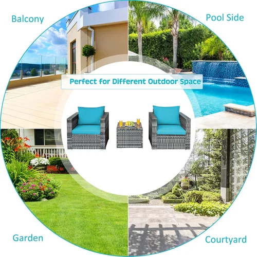 Miniatura 6 de COSTWAY Juego de muebles de patio de 3 piezas, sofá de mimbre para exteriores con cojines y mesa auxiliar, juego de sillas de conversación