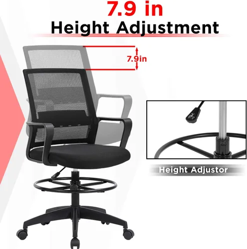Miniatura 3 de Silla de redacción alta para oficina, silla de escritorio ergonómica de malla con respaldo medio con anillo de pie ajustable para escritorio Negro