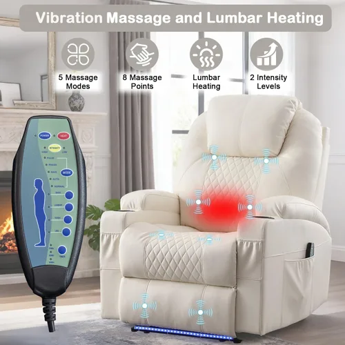 Miniatura 3 de Silla reclinable eléctrica con calor y masaje para adultos, asiento de cine en casa con luces LED, portavasos, bolsillo lateral, puerto USB, sofá