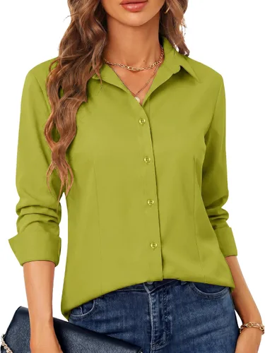Miniatura 32 de BBIBBI Camisa de vestir elástica de manga larga con botones para mujer, blusa de trabajo casual de negocios (clásica, recortada y alta)