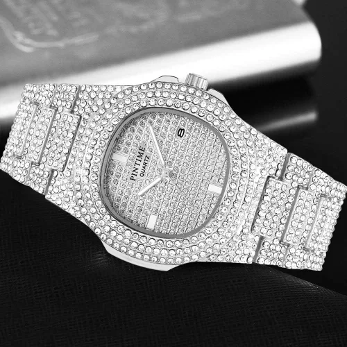 Miniatura 15 de Gosasa Reloj de pulsera unisex de cristal para hombre y mujer, reloj cubano con brillo completo, oblongo de plata/oro, reloj de pulsera de acero