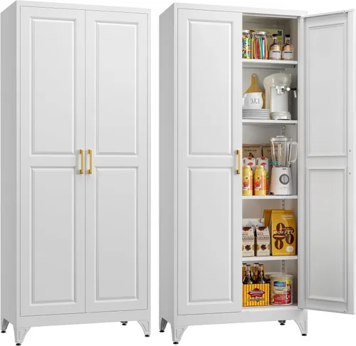 Armarios de almacenamiento de despensa de cocina, gabinete de almacenamiento de metal de 75 pulgadas de alto con puertas y 4 estantes, gabinete de