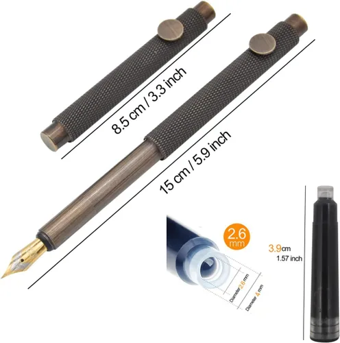 Miniatura 6 de Bolígrafo de caligrafía de rayas de latón (3.346 in) de bolsillo corto de párrafo mini bolígrafo de viaje con 20 cartuchos de tinta negra Pluma