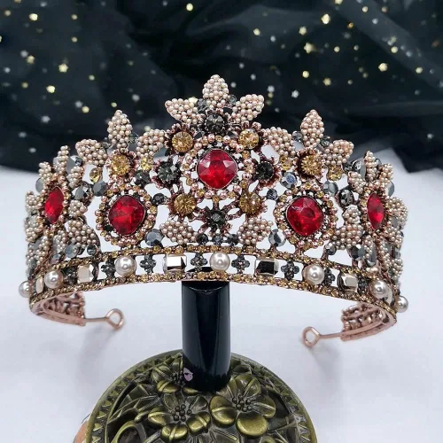 Miniatura 3 de hair jewelry crown tiaras for women Wedding Tiaras and Crowns Red Rhinestone Bridal Hair Jewelry Retro Crystal Women Headpiece Baroque Headdband