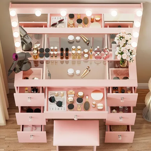 Miniatura 3 de VOWNER Tocador con espejo iluminado: escritorio de maquillaje con parte superior de vidrio con 7 cajones y toma de corriente, 3 modos de iluminación