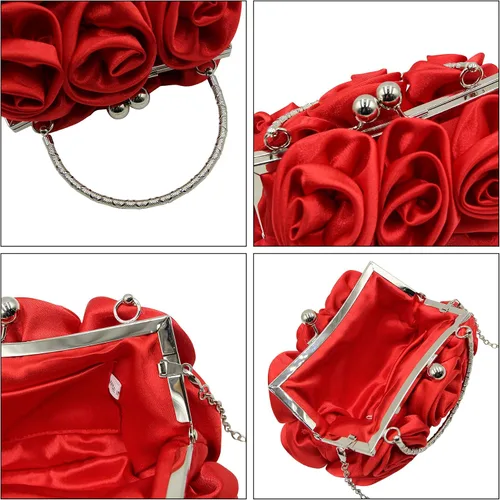 Miniatura 4 de RARITYUS Bolso de noche para mujer con forma de rosa de satén sedoso con elegante asa de metal para fiesta, boda