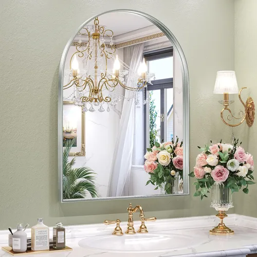 Miniatura 24 de Brightify - Espejo arqueado dorado de 24 x 32 pulgadas, espejo de pared con marco de metal de latón para baño, espejo arqueado superior para tocador