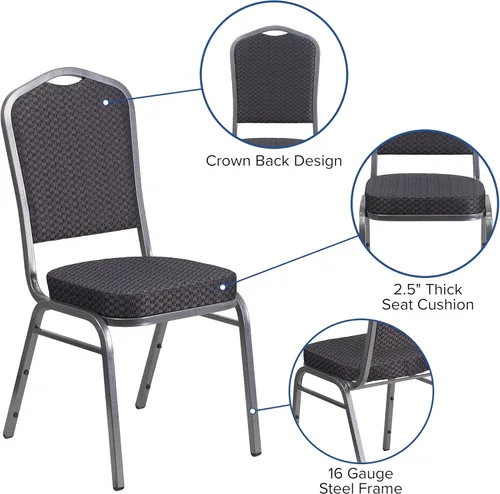 Miniatura 5 de Flash Furniture HERCULES Series - Silla apilable para banquetes con respaldo de corona en tela negra con estampado, marco de vena plateada Tela