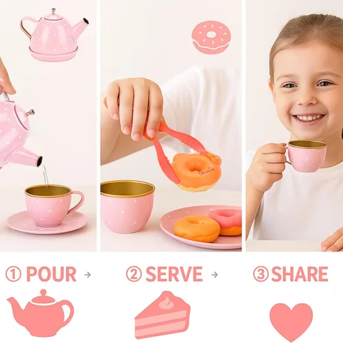 Miniatura 9 de Lajeje Juego de fiesta de té para niñas – Regalo de cumpleaños de princesa pequeña, juguetes de conejito para la hora del té con tetera, postres