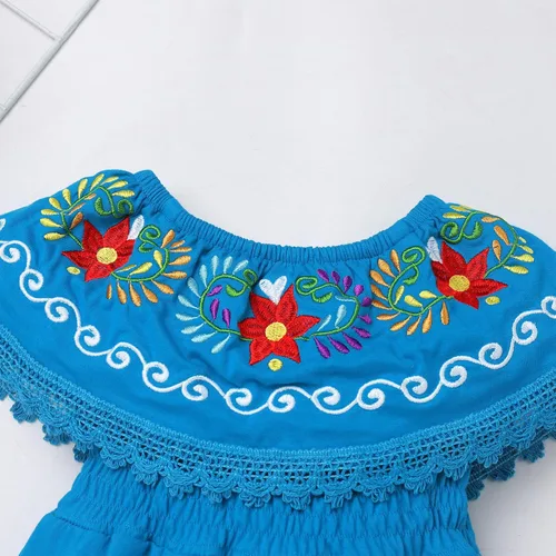 Miniatura 3 de FYMNSI Vestido mexicano para niñas pequeñas con bordado floral étnico mexicano, vestidos casuales con volantes, vestido de verano para vacaciones