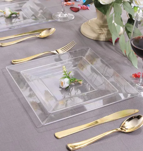 Miniatura 4 de WDF 60 platos de plástico transparente, platos cuadrados desechables para postre/ensalada, plato de plástico de 7 pulgadas para aperitivos de boda