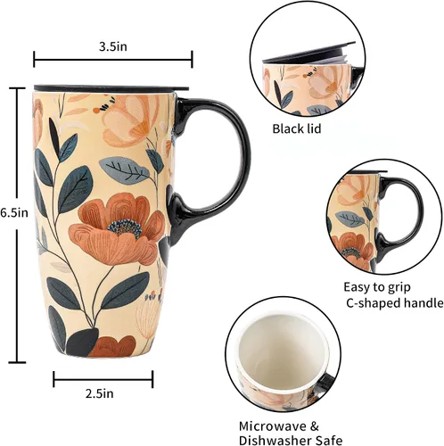Miniatura 9 de Topadorn Taza de viaje de cerámica de 17 onzas con tapa y asa, taza de café floral bohemio, taza de porcelana en estilo terracota, apta