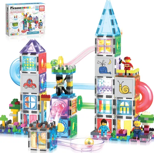 Miniatura 11 de PicassoTiles PTG108 - Juego de 108 piezas de carreras con azulejos magnéticos, autos y canicas, juguete de aprendizaje STEM 3 en 1, kit