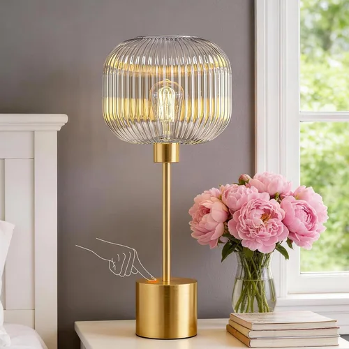 Miniatura 10 de QiMH - Lámpara de mesa de vidrio para sala de estar, lámpara de mesita moderna con pantalla de vidrio acanalada verde, lámpara de mesita de noche