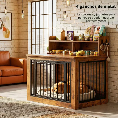 Miniatura 3 de IRONCK Mueble de jaula extragrande para perros, jaula de madera de 43.3 pulgadas con almacenamiento y 4 ganchos, jaula resistente para perros Marrón