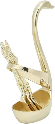 Miniatura 7 de Juego de cubiertos de cuchara de postre de acero inoxidable elegante para el hogar con soporte en forma de cisne (dorado)