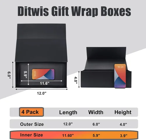 Miniatura 6 de Paquete de 4 Cajas de Regalo de 12x6x4 Pulgadas con Tapas de Cierre Magnético, Caja Negra Magnética para Boda, Propuesta de Padrinos y Damas