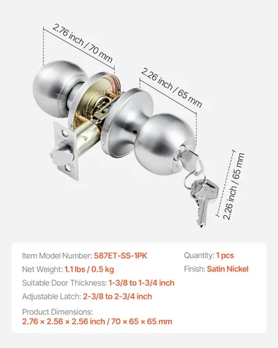 Miniatura 7 de VEVOR Pomo de puerta de entrada con llave, perilla de puerta de níquel satinado con bola redonda, exterior con llave y cerradura de giro de pulgar